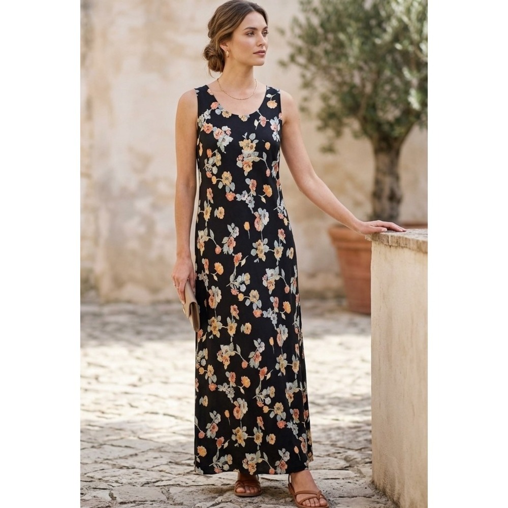 Jonathan Martin Vintage 90s Black Floral Rayon Empire Waist Maxi Dress 9
